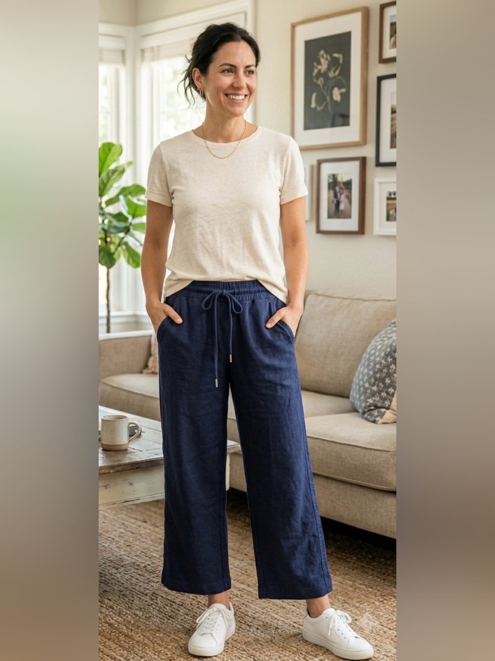 Quince 100% European Linen Wide Leg Pants Navy Blue Elastic Waist Size S Pockets